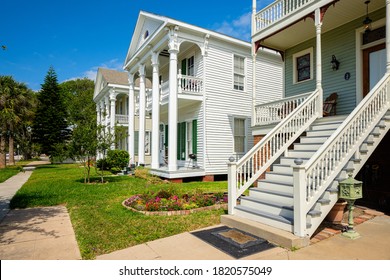 Galveston, Texas USA - May 6, 2014: The Silk Stocking Residential Historic District Contains Beautifully Restored Vintage Homes Of The Queen Anne Architecture Style In This Coastal Community.