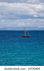 The Galway hooker on the Atlantic Ocean close to the Aran Islands, in Ireland.