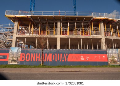 Galway, Ireland - 03/21/2020: Bonham Quay Construction Site In Galway City.  Building Mainframe Structure.