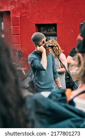 Galway, Ireland - July, 12. 2022: Singer, Busker, Performing His Music In The Streets Of Galway City Centre 