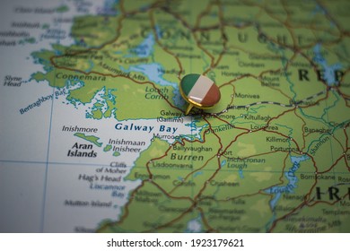 Galway Pinned On A Map With The Flag Of Ireland