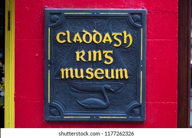 Galway, Republic of Ireland - August 19th 2018: Sign for the Claddagh Ring Museum in Galway, Ireland.  The Claddagh Ring is a traditional Irish ring representing love, loyalty, and friendship.