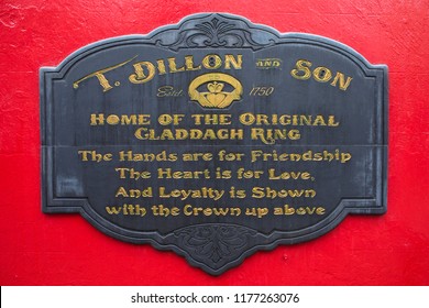 Galway, Republic of Ireland - August 19th 2018: Thomas Dillon Jewellers - the original makers of the Claddagh Ring in Galway, Ireland.  The Claddagh Ring represents love, loyalty and friendship.