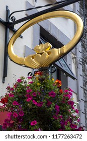Galway, Republic of Ireland - August 19th 2018: A sign of the Claddagh Ring above a jewellers in Galway, Ireland.   The Claddagh Ring represents love, loyalty and friendship.