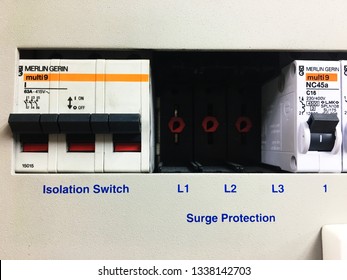 Gambang, Kuantan - 13 MAR 2019:  Distribution Board (DB) In A UPS Equipment With Empty Surge Protection.