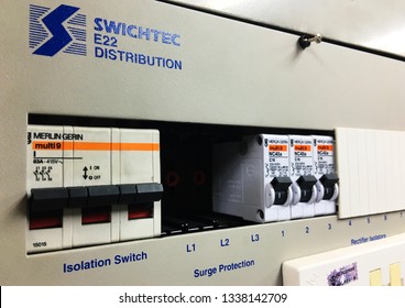 Gambang, Kuantan - 13 MAR 2019:  Distribution Board (DB) In A UPS Equipment With Empty Surge Protection.