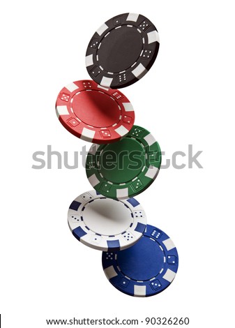 Gambling chips falling isolated on white