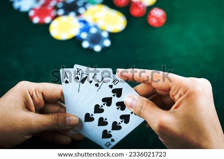 Gambling Poker Blackjack Cards Hand Shown and Dices Photo