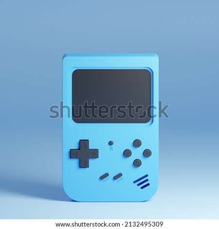 Game console 3d render. Retro Dendy console with blank screen. Portable isolated blue game console. 8-bit console on blue background