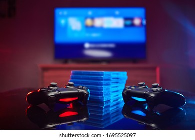 Game Controller, Videogame Joystick Or Gamepad On A Table. Close Up Studio Shot