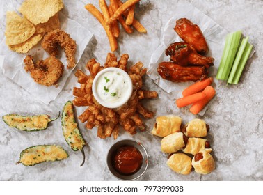 Game Day Food Menu Overhead View /Various Appetizers