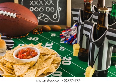 Game Day Football Party Table With Beer, Chips And Salsa.