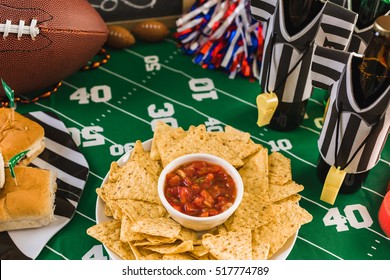 Game Day Football Party Table With Beer, Chips And Salsa.