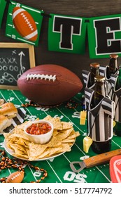 Game Day Football Party Table With Beer, Chips And Salsa.