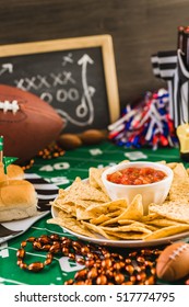 Game Day Football Party Table With Beer, Chips And Salsa.