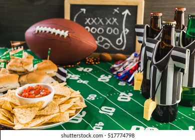 Game Day Football Party Table With Beer, Chips And Salsa.