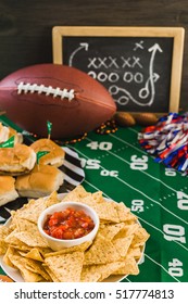 Game Day Football Party Table With Beer, Chips And Salsa.