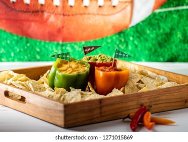 Game Day Tray Of Nachos And Dips Ready To Eat For A Football Game. Perfect For Super Bowl.