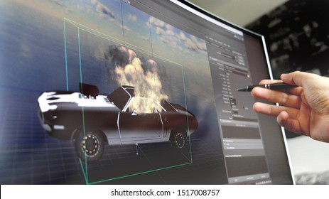 Game Design Software Of A Hand With Pen Explain How To Design A Car Model For A Videogame On The Screen In Bologna, Italy, 22 Sep 2019