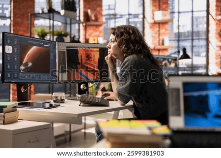 Game developer creates a Mars based virtual station using AI generated tools. Futuristic program processes data with deep learning and automation to optimize game design and development.