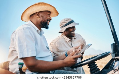 Game drive, safari and men laugh with tablet for direction in Kenya desert with car for travel transport. Holiday, tour guide and driving with tech for adventure, holiday and journey with employees