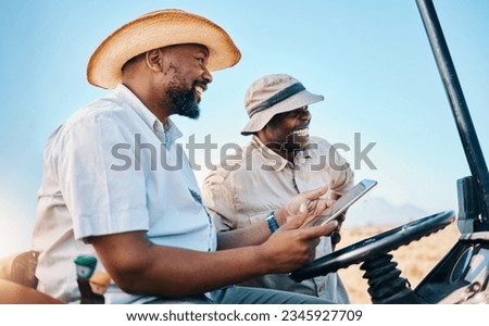 Game drive, safari and men laugh with tablet for direction in Kenya desert with car for travel transport. Holiday, tour guide and driving with tech for adventure, holiday and journey with employees