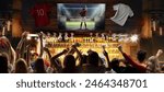 Game Excitement. Lively bar scene showing group of fans cheering favorite football team during live soccer match translation. Concept of championship cup final, competition, game, tournament