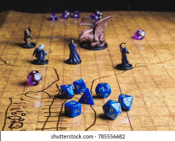 Game field of roleplaying party with dices and miniatures.
