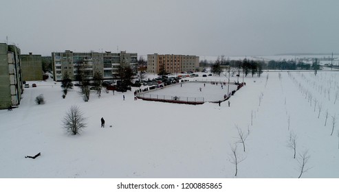 The Game Of Hockey On The Street. Winter. Yard Hockey