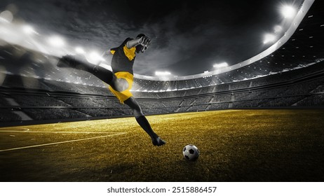 As game near to end, focused on victory soccer player dribbling and kicks ball on green field with full force to score goal under stadium's electric glow. Sport games, competition, world cup concept. - Powered by Shutterstock