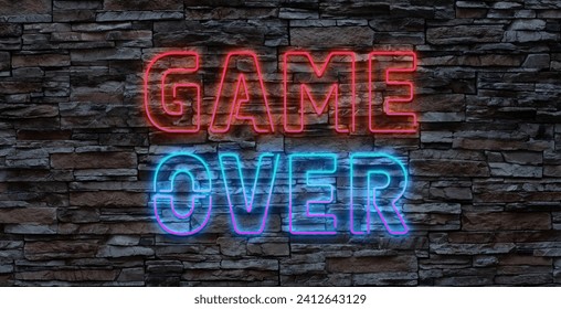 Game Over Neon Text Vector with a Brick Wall Background design template modern trend design night neon signboard night bright advertising light banner light art. Vector Illustration.