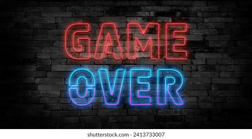 Game Over Neon Text Vector with a Brick Wall Background design template modern trend design night neon signboard night bright advertising light banner light art. Vector Illustration.