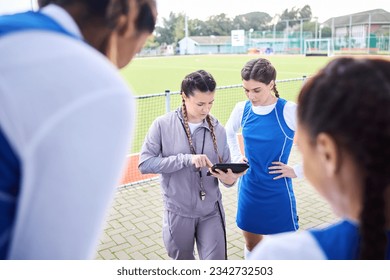 Game planning, soccer team and women with coach tablet for fitness, challenge and match play. Happy, smile and student athlete group with training, sport teamwork and motivation for field workout - Powered by Shutterstock