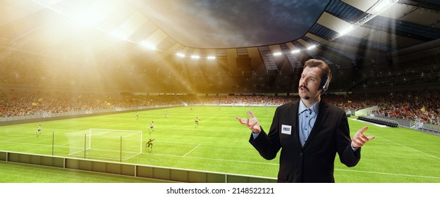 Game predictions. Serious man, professional sport commentator having online broadcast of football match isolated over sport stadium background. Sport news, information. Concept of profession, emotions