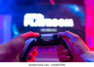 Gamepad, Joystick In Human Hands On A Technological Background. Video Games, Modern Electronic Equipment, Dartless Technologies, Youth Culture, Virtual Reality. Banner, Advertising.