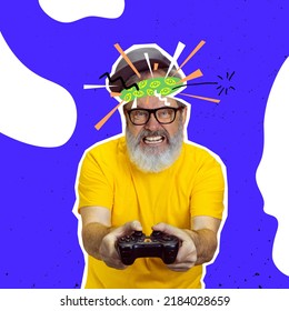 Gamer. Angry Senior Man Playing Computer Game Over Bright Blue Background. Collage In Magazine Style. Surrealism, Art, Creativity, Retro Style Concept. Old Men Like Young People In Modern Life