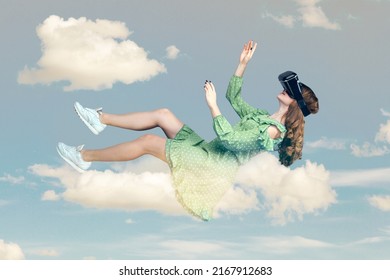 Gamer girl in dress hovering in air, levitating with virtual reality glasses on head, playing game through vr headset, floating in cyberspace in the sky. collage composition on day cloudy blue sky