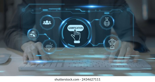 Gamification, game design concept. Using game mechanics points, levels, rewards to engage and motivate individuals to achieve goals. Fun and competition, increasing engagement, improving learning.