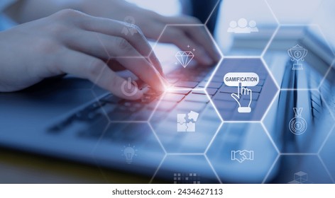 Gamification, game design concept. Using game mechanics points, levels, rewards to engage and motivate individuals to achieve goals. Fun and competition, increasing engagement, improving learning.
