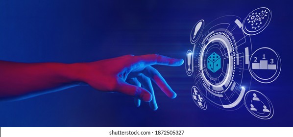 gamification and gaming technology illustration in neon style, hand touching dice icon, horizontal banner - Powered by Shutterstock