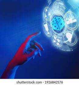 gamification and gaming technology, motivation games in business and education, woman hand touching dice icon, square banner in neon style - Shutterstock ID 1926842576