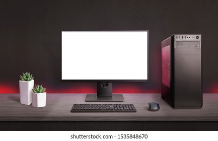 Gaming Computer Display Isolated For Mockup, Game Presentation. Red Light On Computer Case And Desk. PC Gaming Concept.