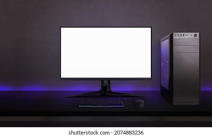 Gaming Computer With Isolated Screen For Mockup On Desk. Modern Computer Hardware With Gaming Led Lights