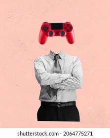 Gaming. Contemporary art collage of man in official suit with joystick head isolated over pink background. Concept of vintage fashion, style, retro, art, creativity, imagination. Copy space for ad