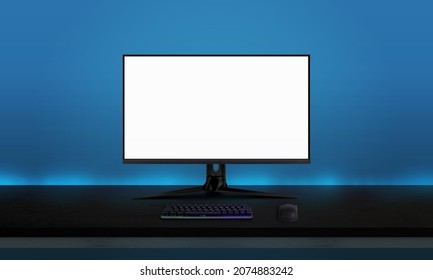 Gaming Display Mockup On Black Desk With Gaming Keyboard And Mouse. Blue Wall With Ambient Lights In Background. Game Promotion Concept