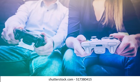 Gaming Game Play Fun Gamer Gamepad Guy Pad Player Girl Controller Online Video Closeup Sitting Focus Console Person Concept - Stock Image