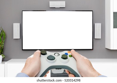 Gaming Game Play Tv Gamer Station Mockup Gamepad Player Controller Video Console Concept - Stock Image