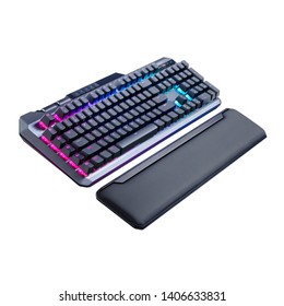 Gaming Keyboard with Pad Isolated on White Background. Black Standard Wired USB Computer Key Board. Top View and Side View Multifunction Keyboard with Set of Red Keys. Peripheral Device - Shutterstock ID 1406633831