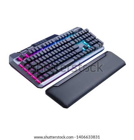 Gaming Keyboard with Pad Isolated on White Background. Black Standard Wired USB Computer Key Board. Top View and Side View Multifunction Keyboard with Set of Red Keys. Peripheral Device