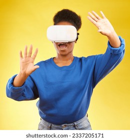 Gaming, metaverse and wow with black woman and vr headset in studio for digital, 3d and augmented reality. Technology, future and gamer with female person on yellow background for scifi and gen z - Powered by Shutterstock